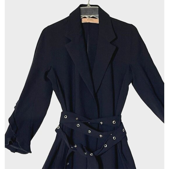 Zara Navy Blue Ruffled Sleeve Belted Wrap Midi Trench Coat Duster - Picture 2 of 10